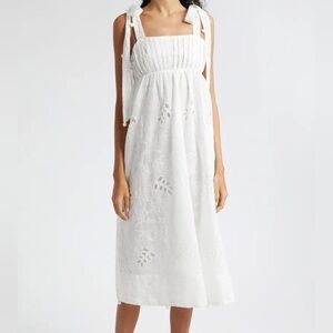 NWT Farm Rio White Eyelet Embroidered Pom Pom Midi Sun Dress XS